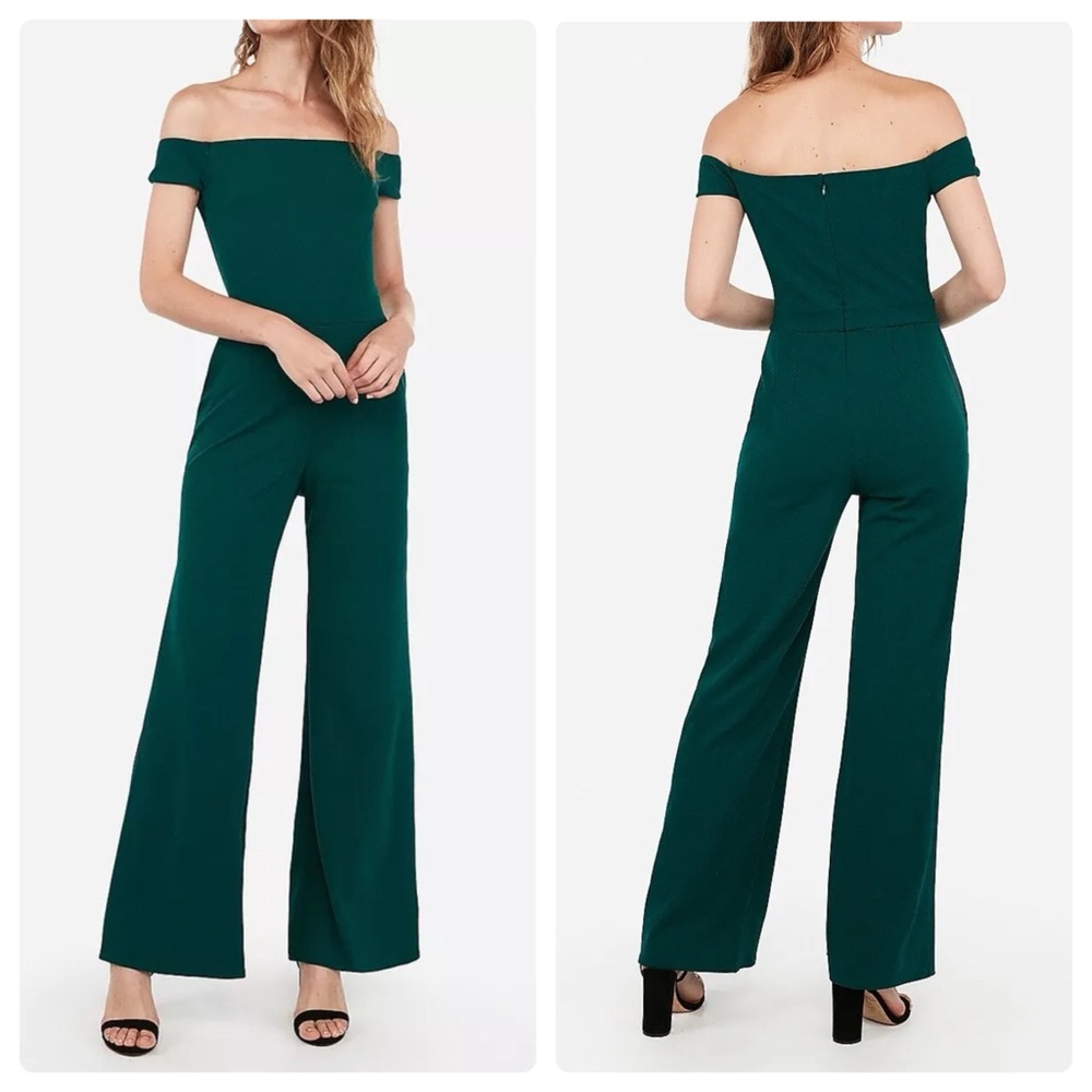 EXPRESS OFF THE SHOULDER GREEN WIDE LEG JUMPSUIT W/ POCKETS MEDIUM
